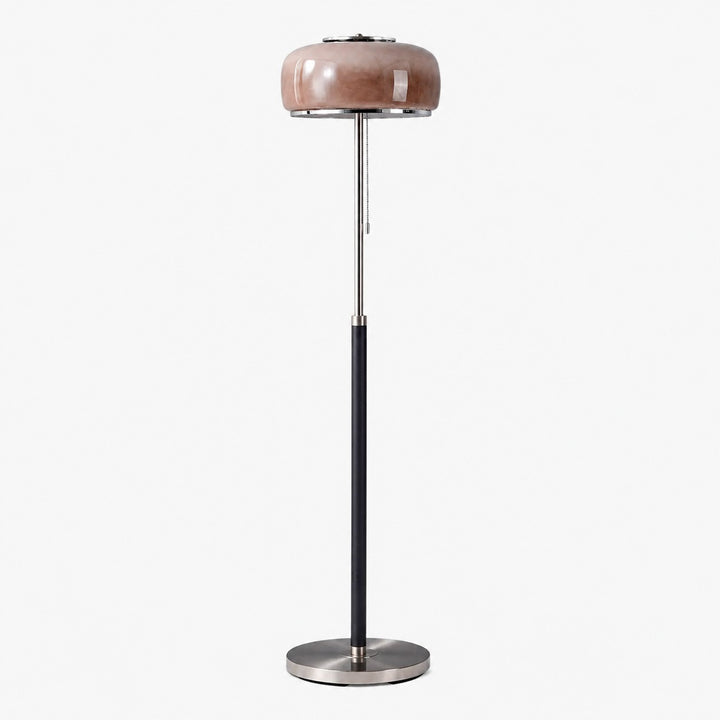 Smoky taupe Bauhaus glass floor lamp with chrome and black base shown unlit