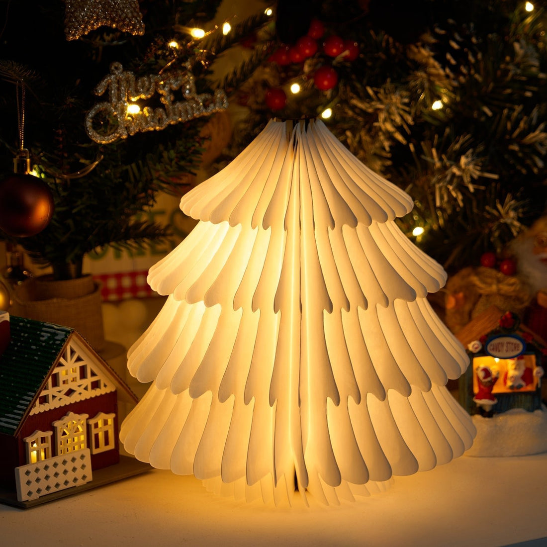 Faltbare Weihnachtsbaum-Tischlampe – LED-Licht aus Holz für das Wohnzimmer