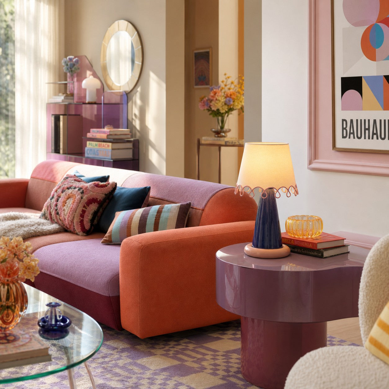 Sculptural ceramic table lamp in a colorful lounge