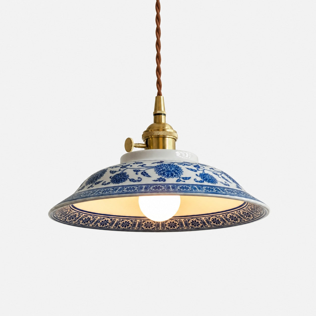 Blue And White Ceramic Pendant Light with Brass Accents