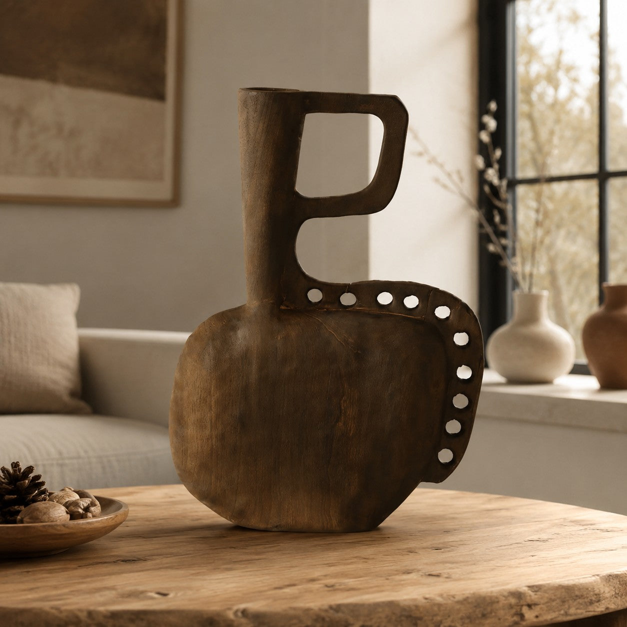Hand-Carved Solid Wood Sculptural Vase