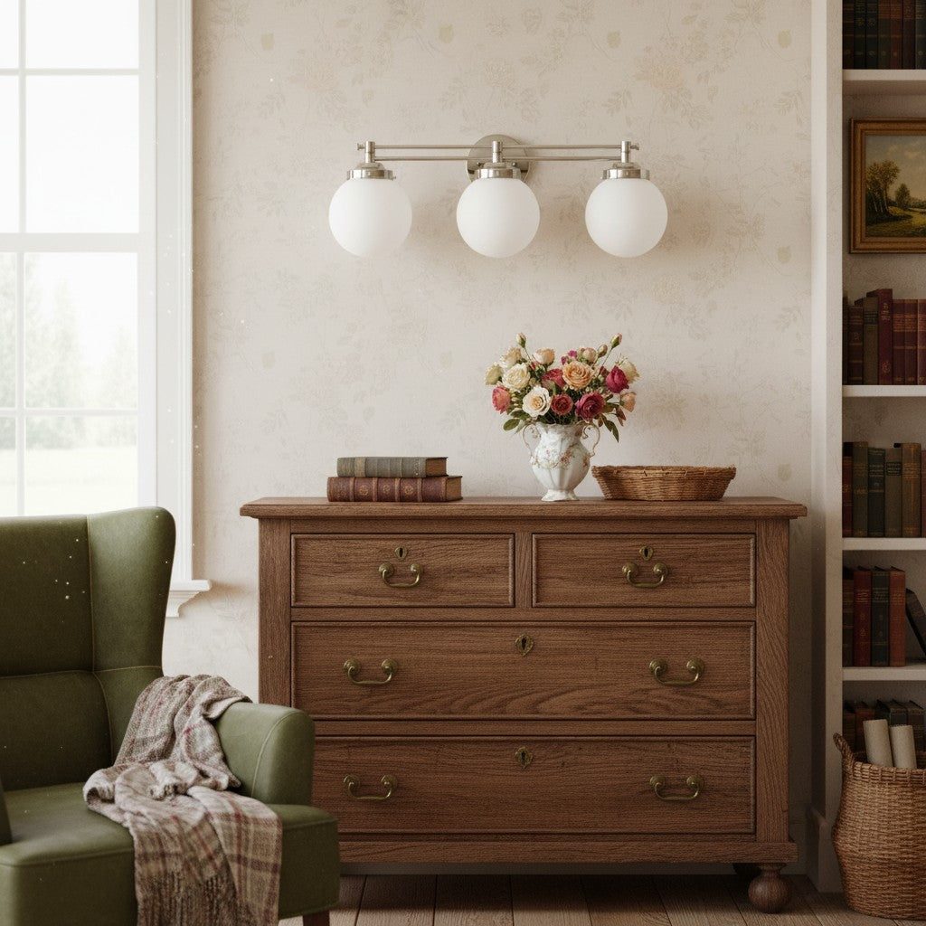 Glorica Glass Contemporary Vanity Light - 3 Light Globe Bathroom Fixture Opal Glass