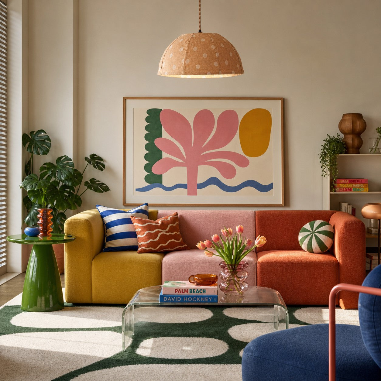 Polka dot linen pendant light in a colorful living room