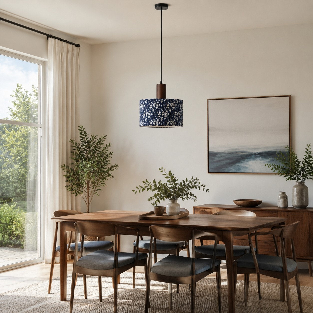 Blue floral fabric pendant light in a calm dining space