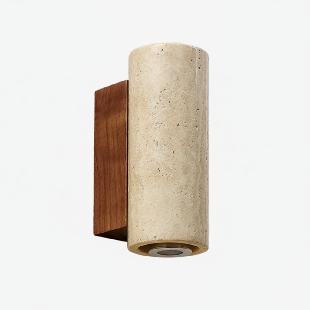 Slivara-Wandleuchte mit Naturstein-Rückplatte und warmem bernsteinfarbenem Schirm – Vintage-moderne Slivara-Wandleuchte für das Wohnzimmer
