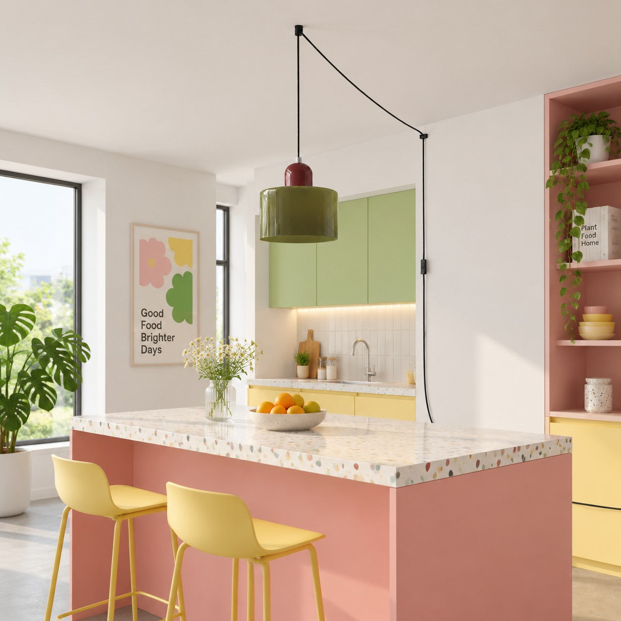 Mid-Century-Makronen-Pendelleuchte mit Stecker und Zugkabel - Bunter Lampenschirm als Hängelampe für die Wohnraumdekoration