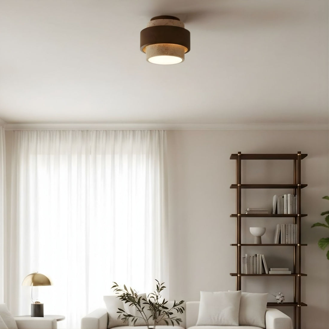 MokuStone Wabi Sabi Travertine Ceiling Lamp - Textured Stone Flush Mount Lighting for Home
