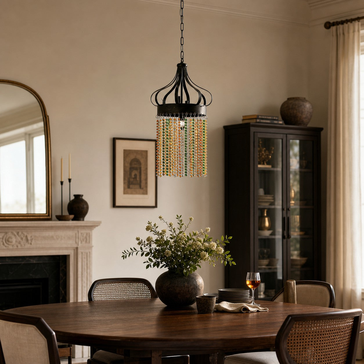 Black multicolor crystal pendant light in a vintage dining room
