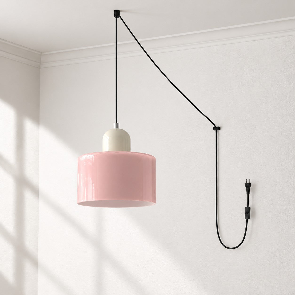 Mid-Century-Makronen-Pendelleuchte mit Stecker und Zugkabel - Bunter Lampenschirm als Hängelampe für die Wohnraumdekoration