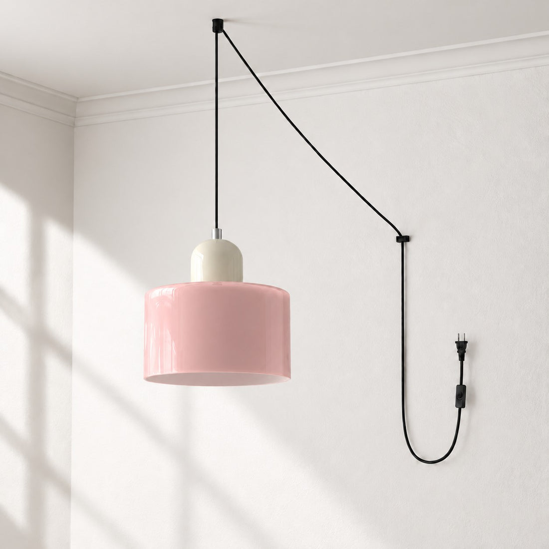 Mid-Century-Makronen-Pendelleuchte mit Stecker und Zugkabel - Bunter Lampenschirm als Hängelampe für die Wohnraumdekoration
