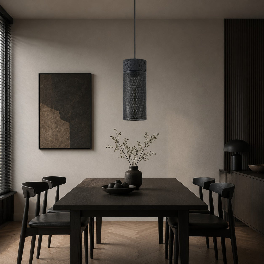 Black Travertine Cylinder Pendant Light with Metal Mesh Shade