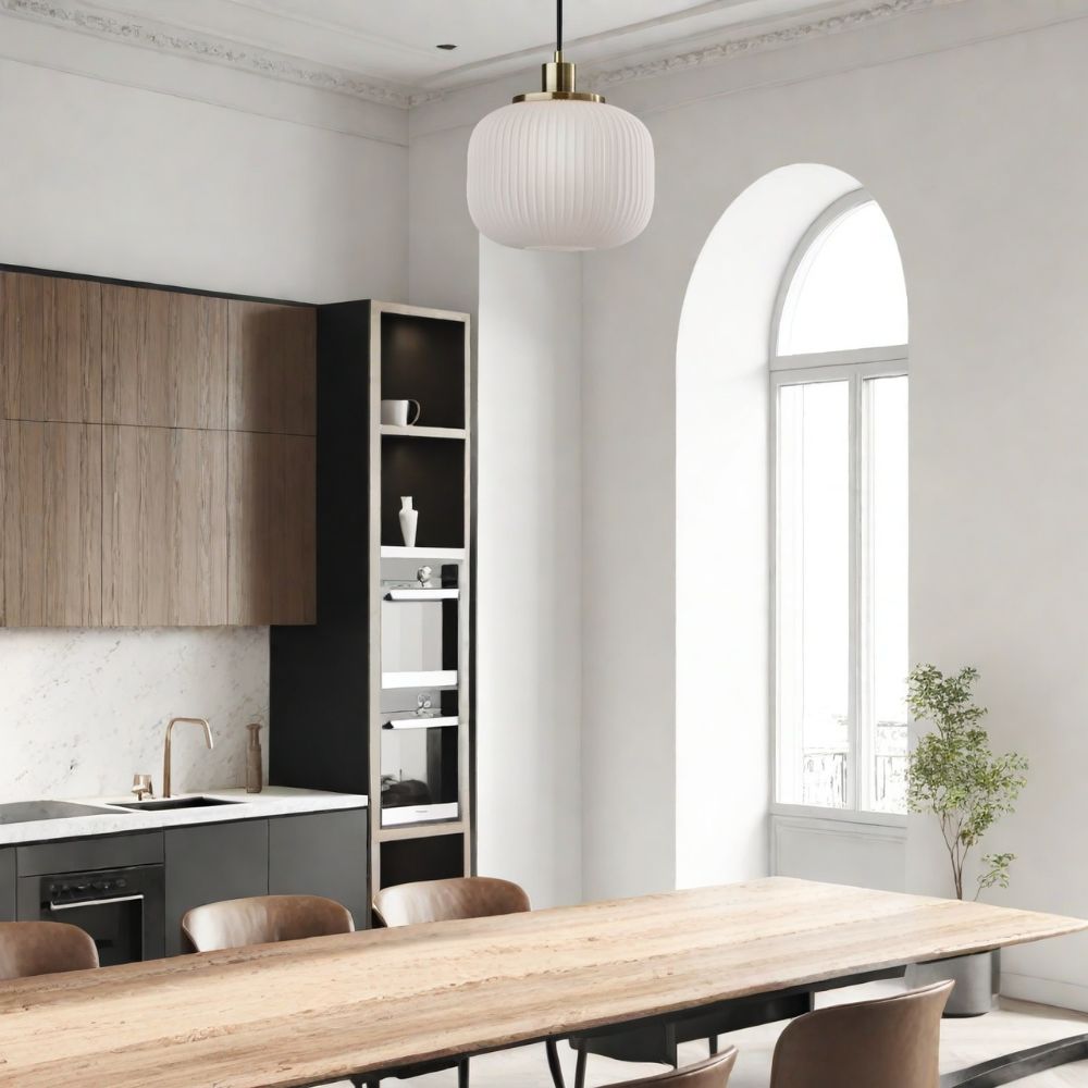 Pelviona Modern Ribbed Glass Pendant - Frosted & Brass Ceiling Light Add Timeless Charm to Your Space