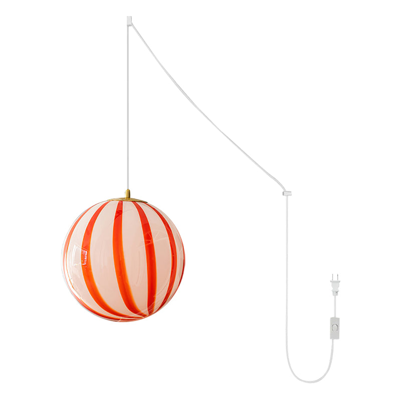 Red Striped Glass Globe Hardwired Pendant