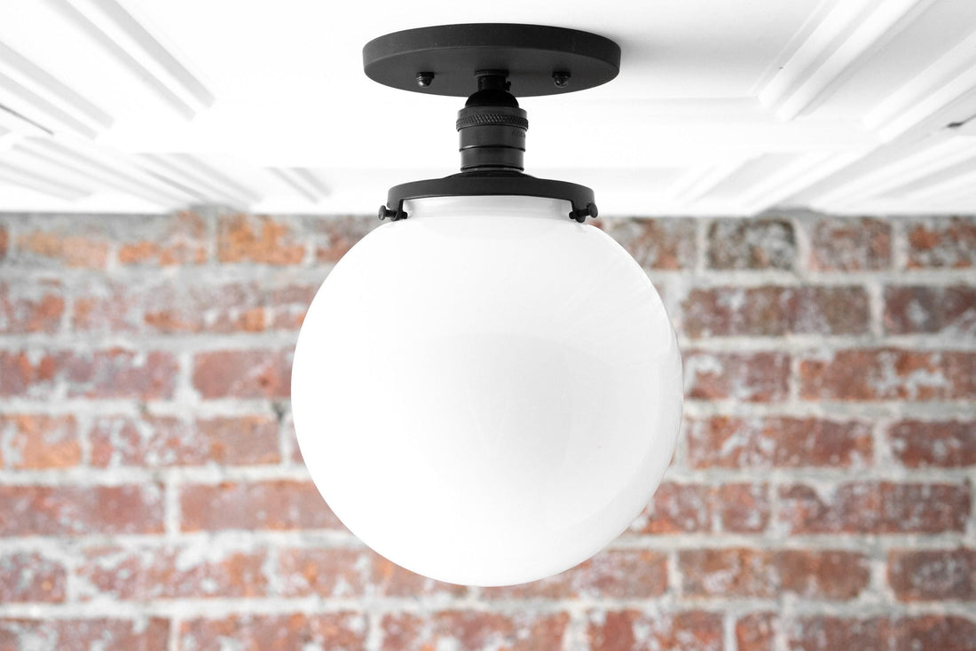 Glorica Glass Mid Century Semi Flush Ceiling Light - White Opal Glass Globe Fixture