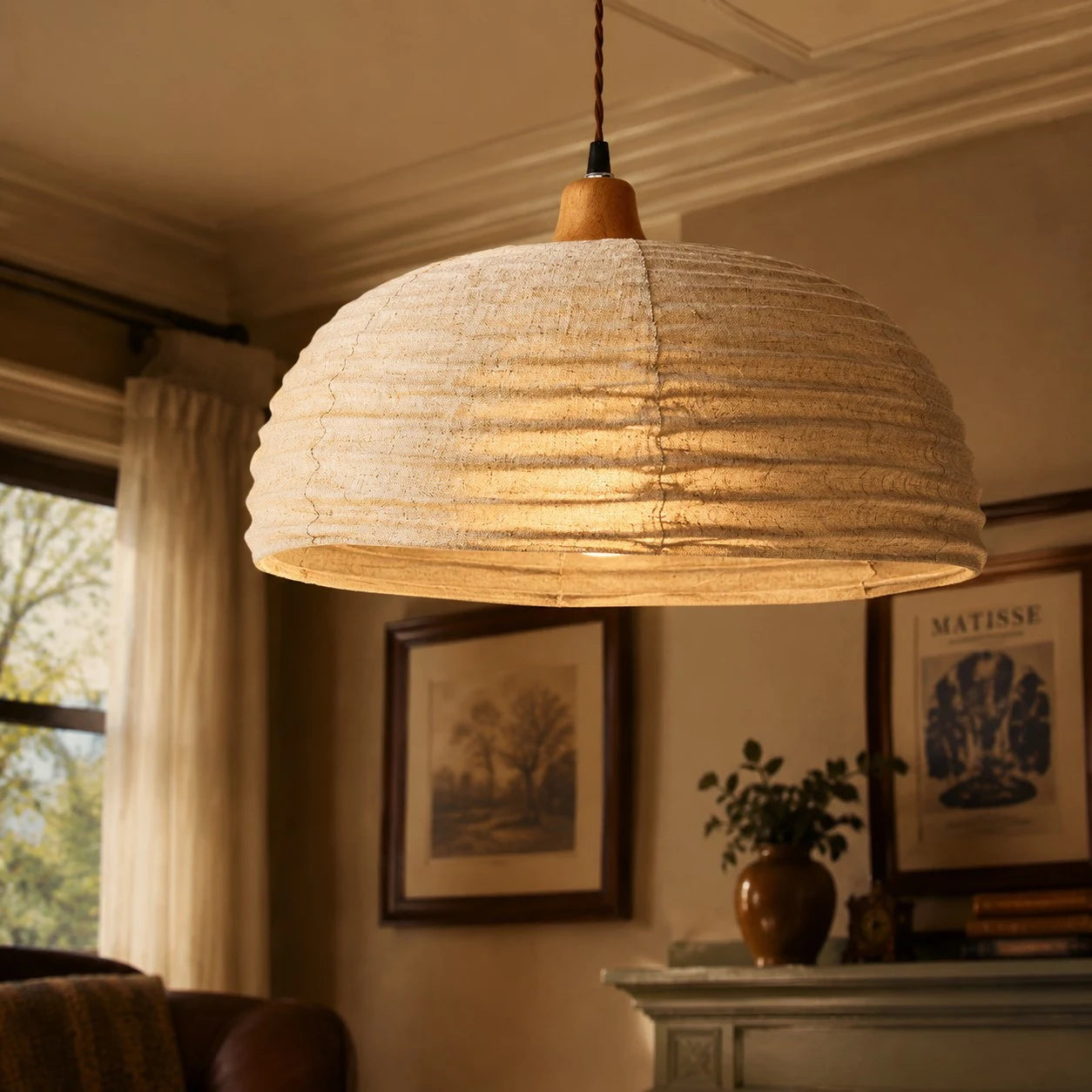 Close room view of the woven dome pendant light