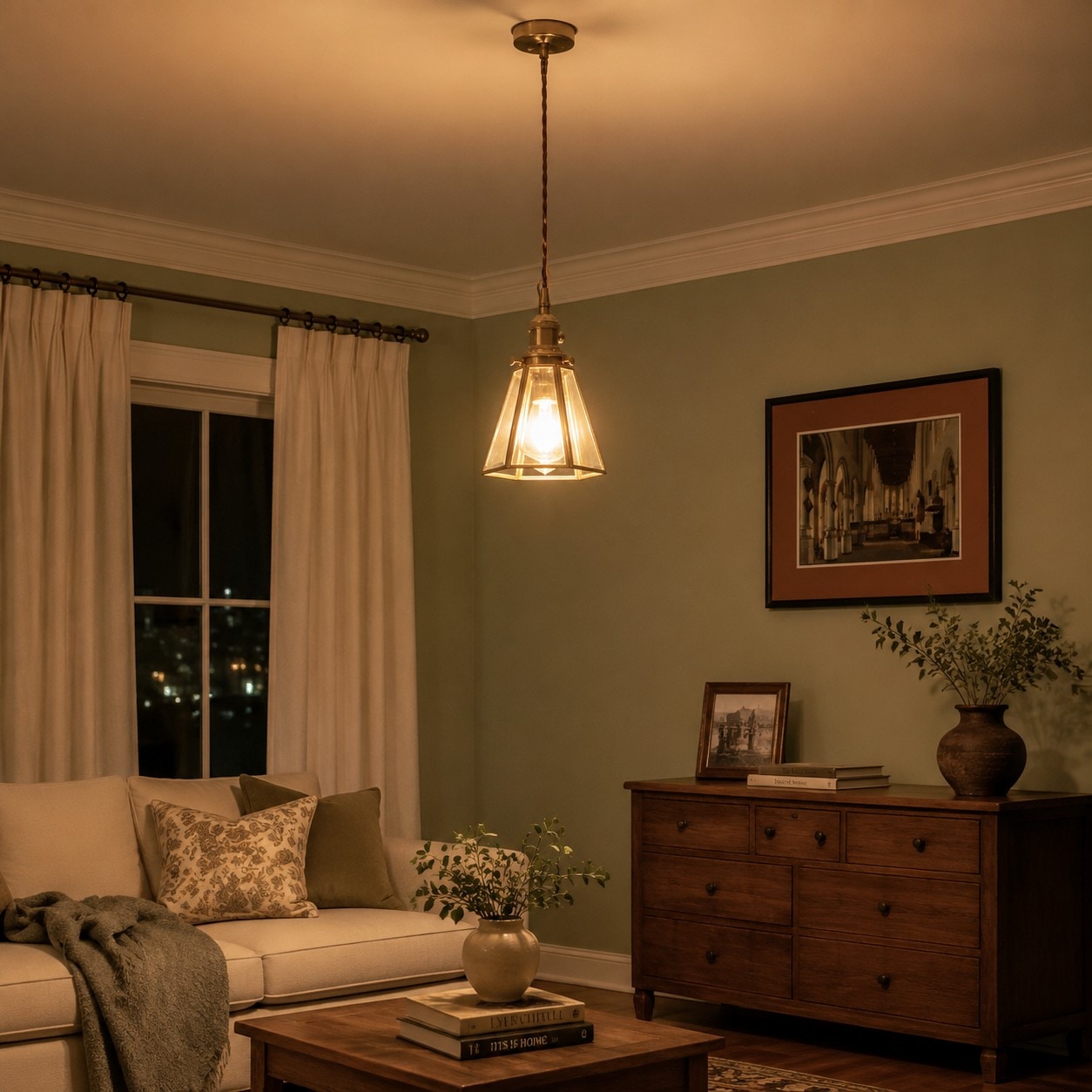 Clear glass pendant light glowing in a warm evening room