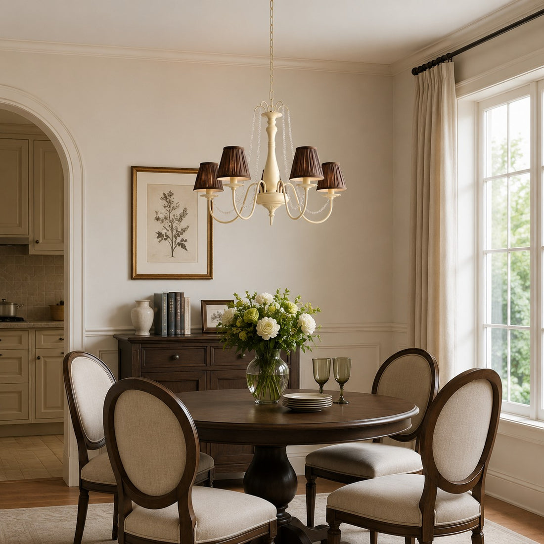 French chandelier centered above a round dining table in a neutral interior