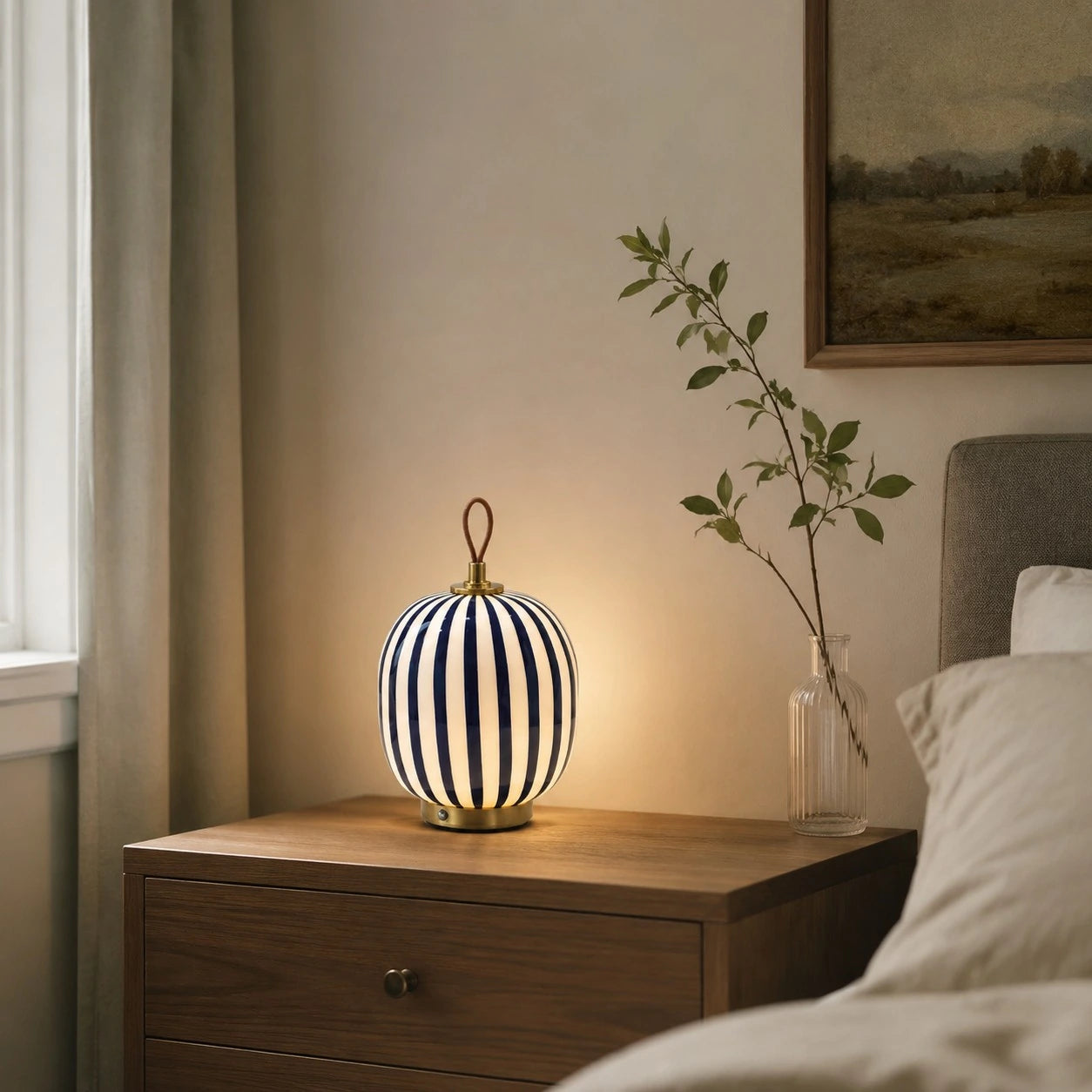 Blue striped rechargeable glass lamp on a bedside table
