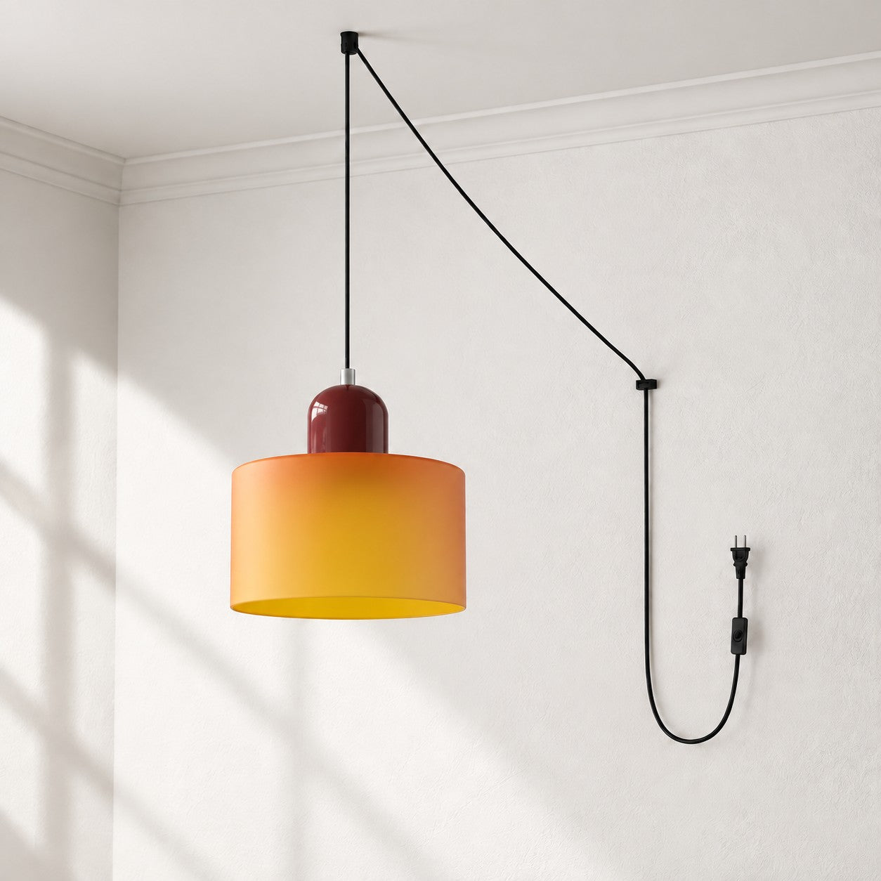 Mid-Century-Makronen-Pendelleuchte mit Stecker und Zugkabel - Bunter Lampenschirm als Hängelampe für die Wohnraumdekoration