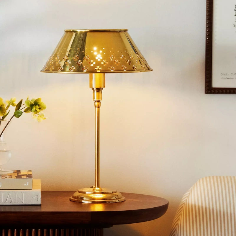 Auriglow Brass Perforated Table Lamp - Space Age Floral Bedroom Light