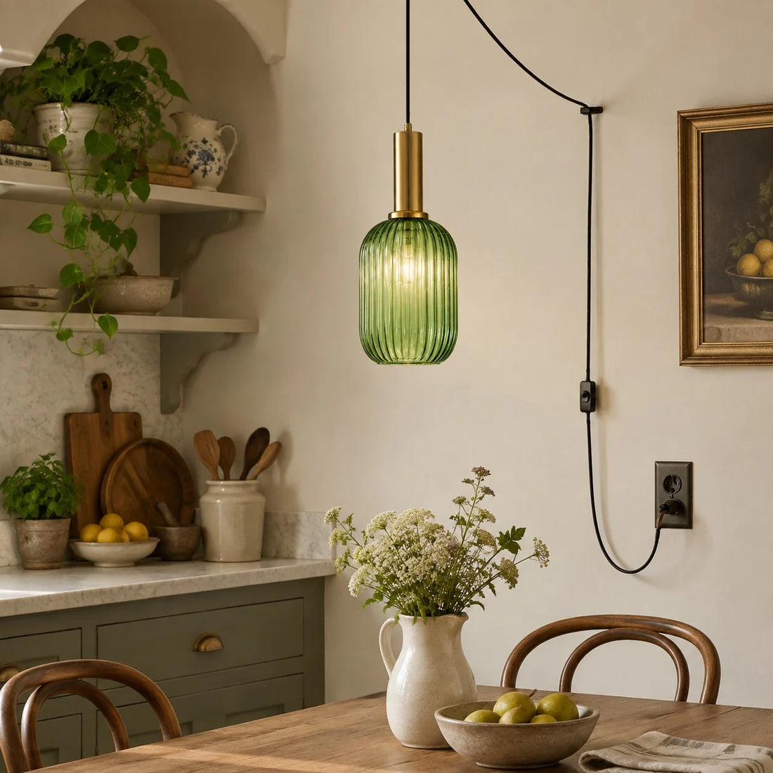 Retro ribbed glass plug-in pendant light in a home interior