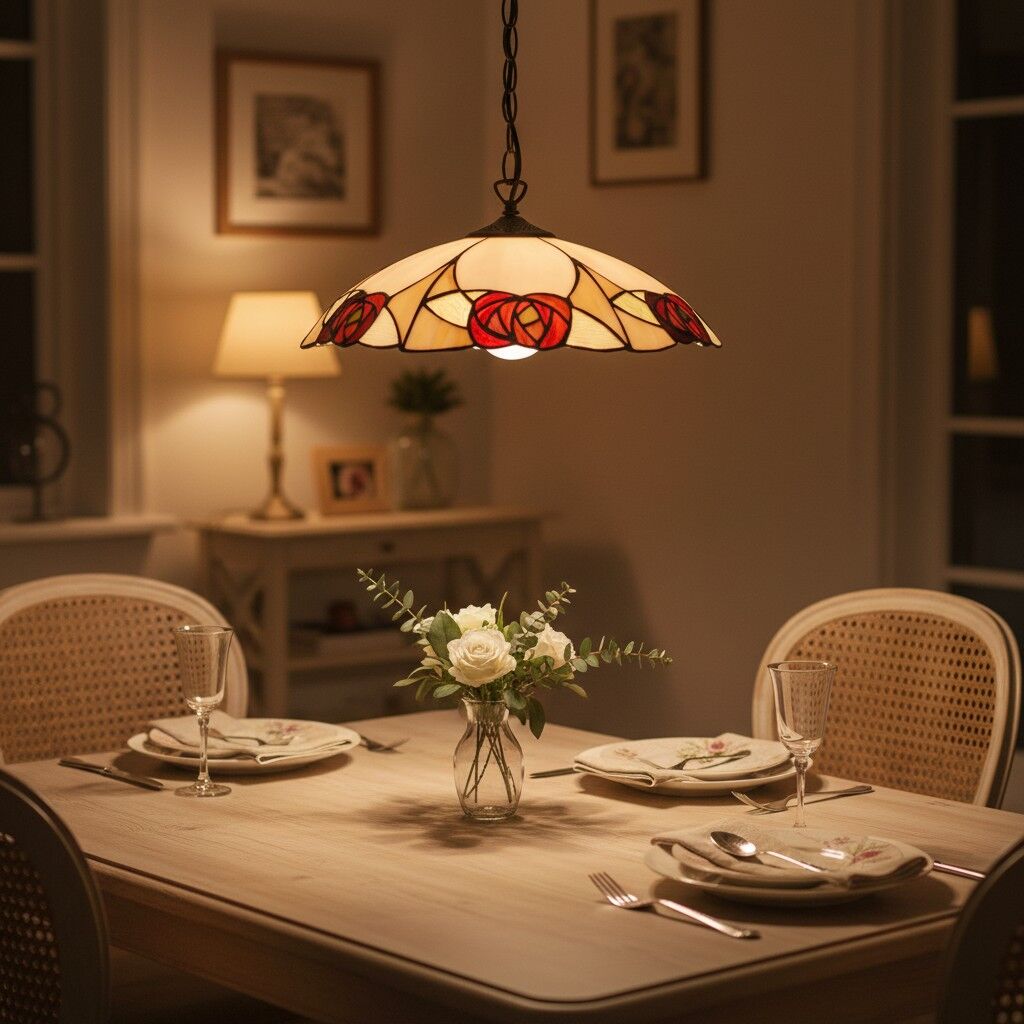 TF Ingram Tiffany Pendant Light – Vintage Handcrafted Stained Glass Floral Shade for Dining Room