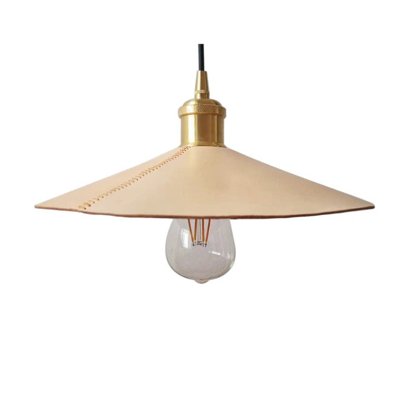 Leather cone pendant product view with bulb shown for scale only
