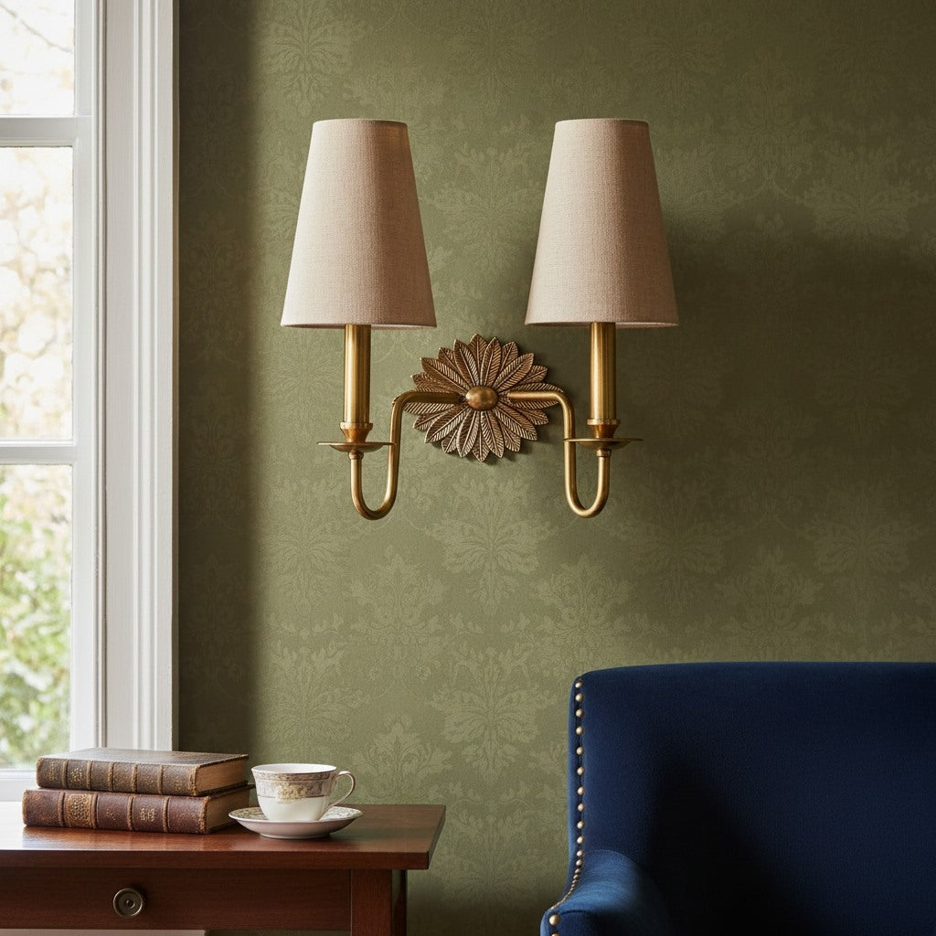 Duova Double Sconce – Antique Brass Metal and Linen Shades for Bedroom or Study