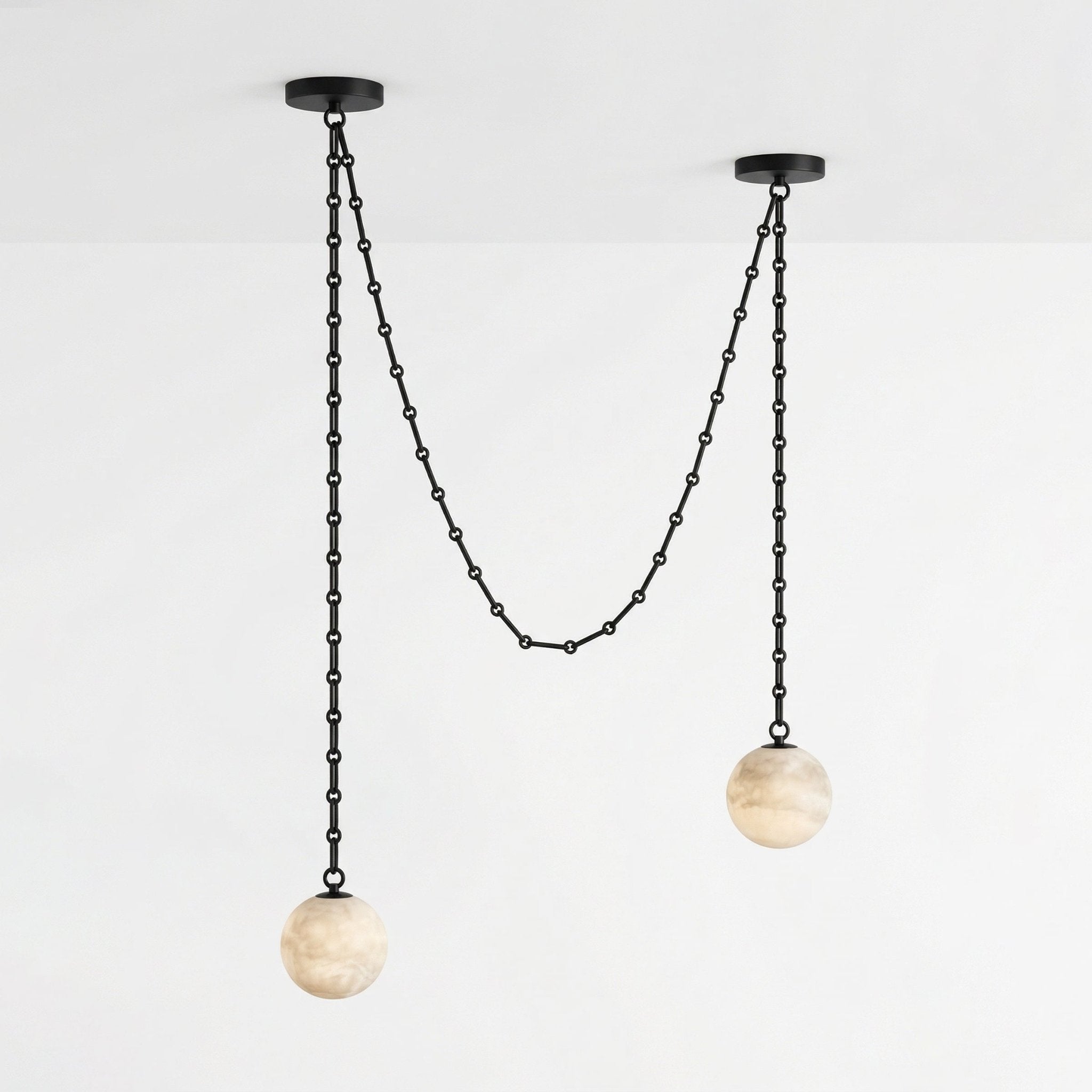 Black Metal Alabaster Globe Hardwired Chandelier