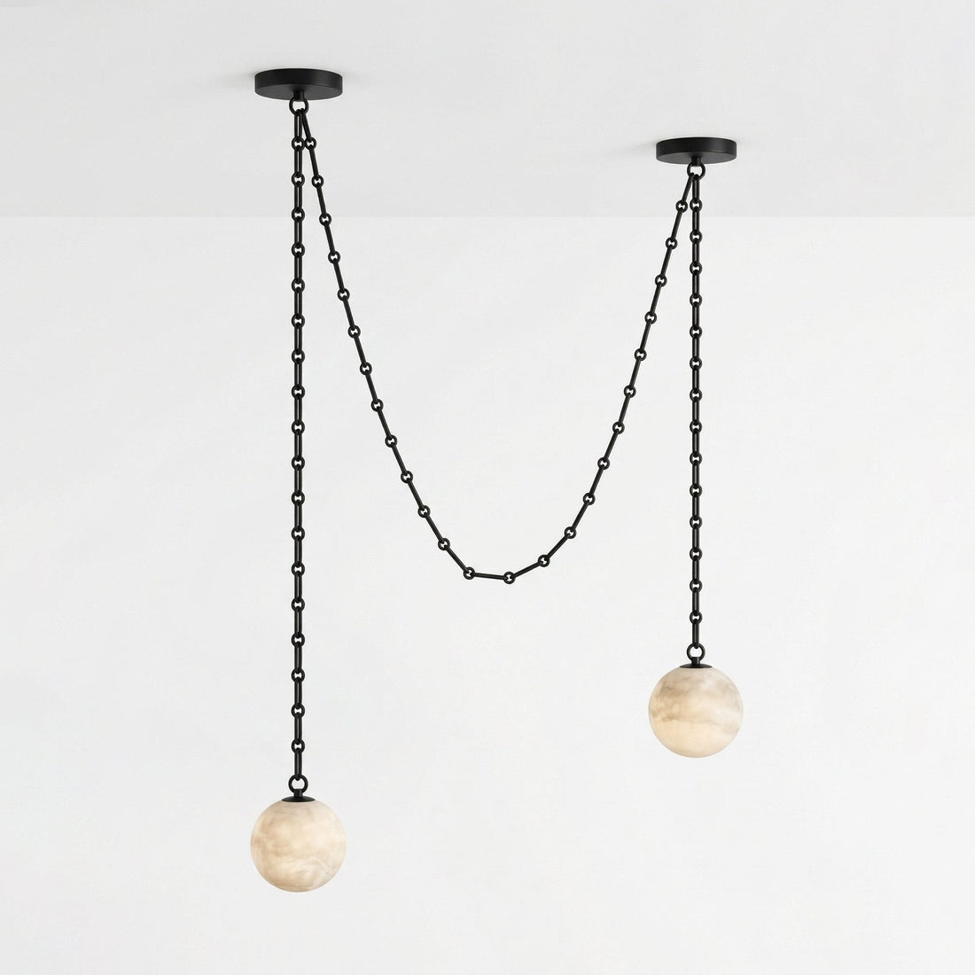 Black Metal Alabaster Globe Hardwired Chandelier