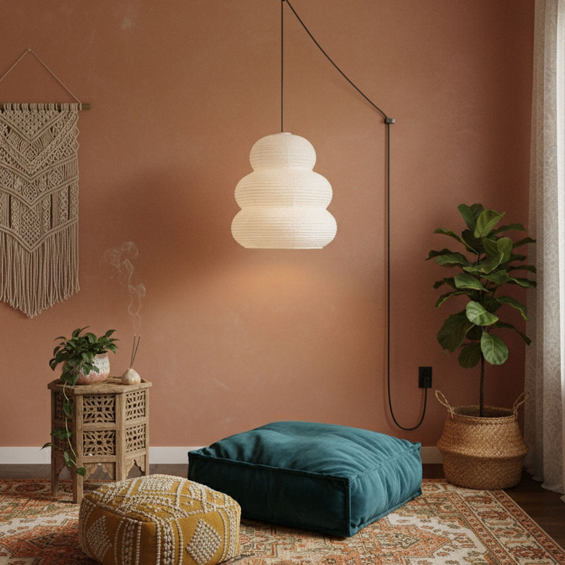 Beige Mulberry Paper Swag Pendant Light