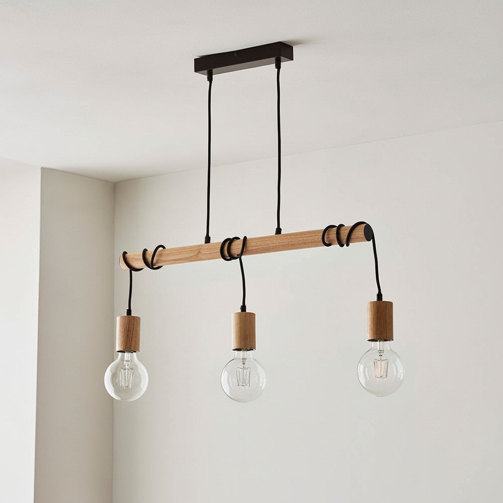 Virell Adjustable Linear Ceiling Light – 3‑Bulb Wooden and Metal Design for Kitchen Island or Office