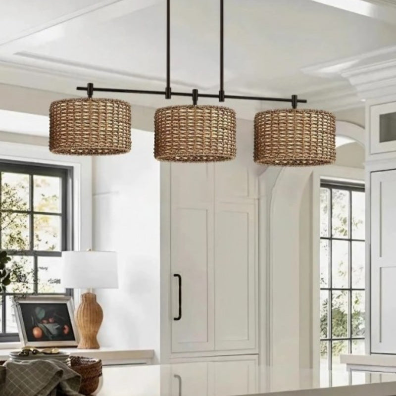 3 Light Handwoven Drum Farmhouse Pendant Light