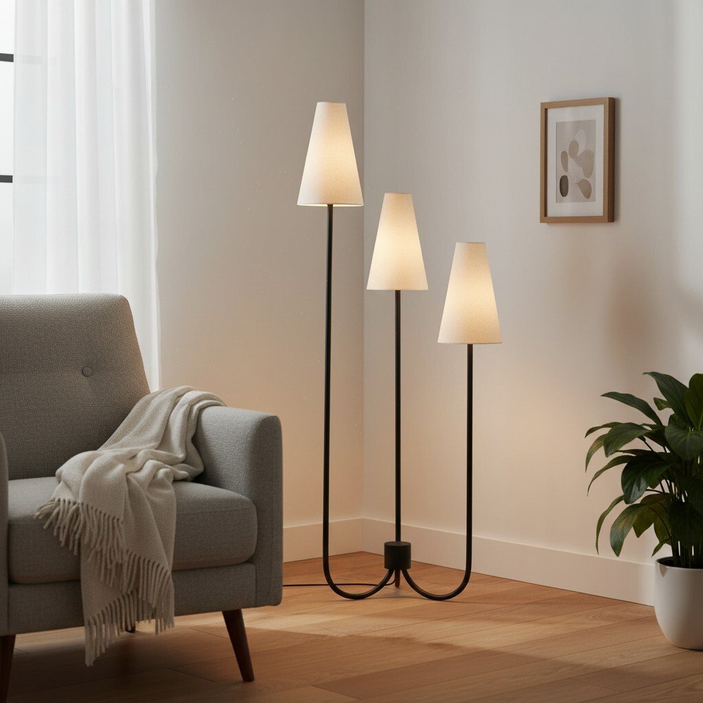 Cordove Stehleuchte mit drei konischen Schirmen – Moderne minimalistische Metall-Stoffleuchte für das Wohnzimmer