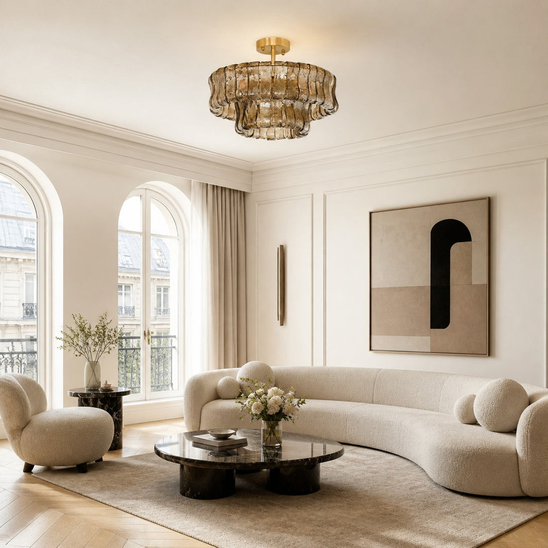 French Vintage Ripple Glass Chandelier