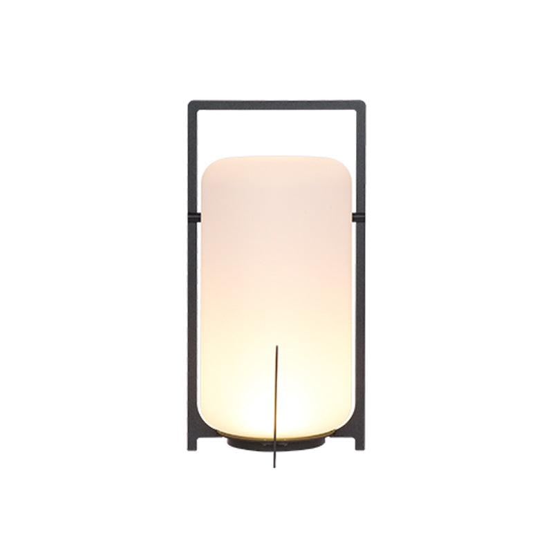 Black Lantern Table Lamp - Outdoor LED Light with Blown Glass Shade