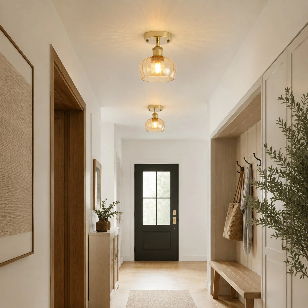 Glass ceiling lights along a hallway