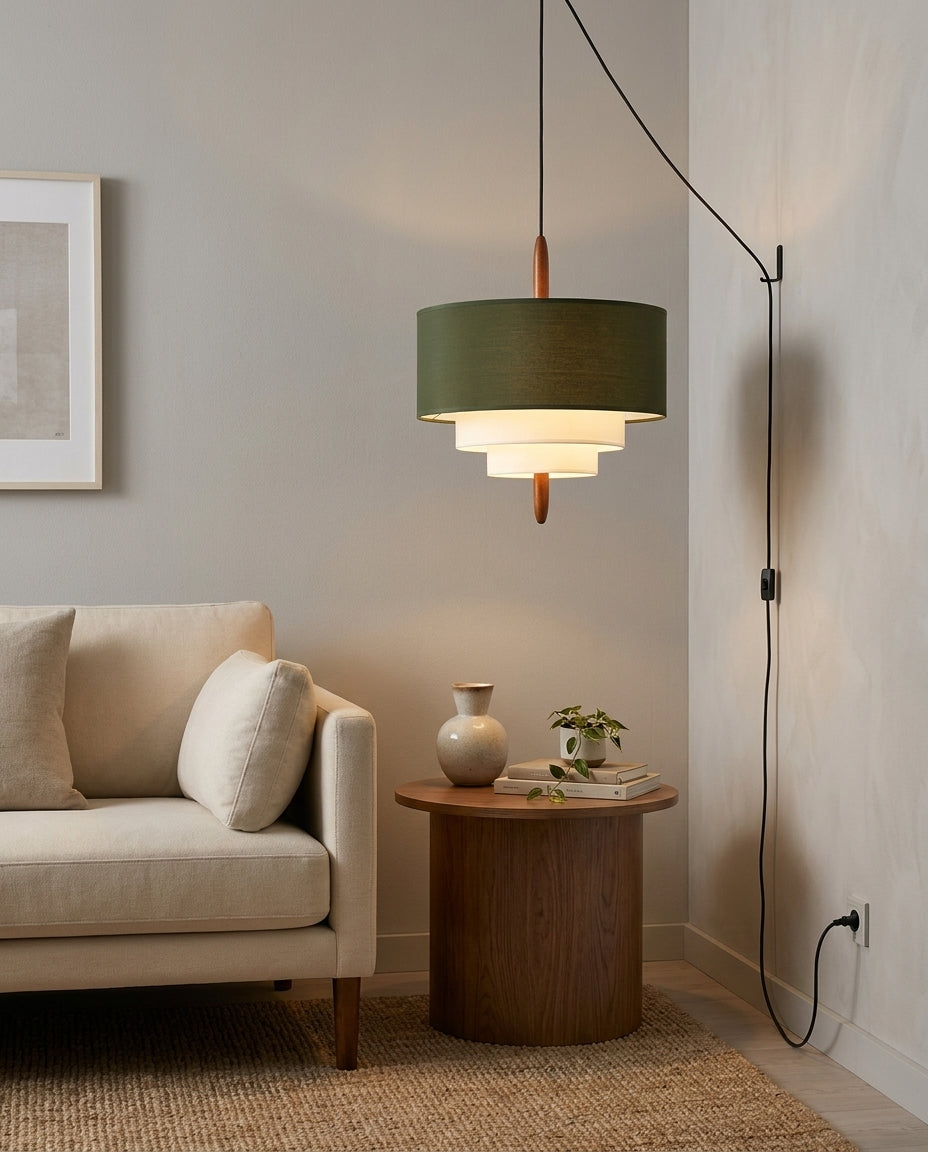 Tiered Fabric Wood Plug-In Swag Pendant