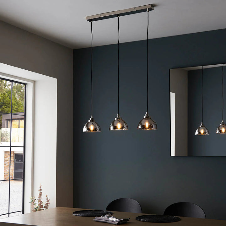 Shimmera 3-Light Linear Pendant – Mirror Glass Shades with Modern Nickel Finish for Dining Rooms