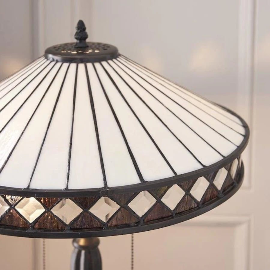 TF Fargo Geometric Tiffany Style Lamp — Amber and Cream Glass Accent Lighting for Bedroom or Study