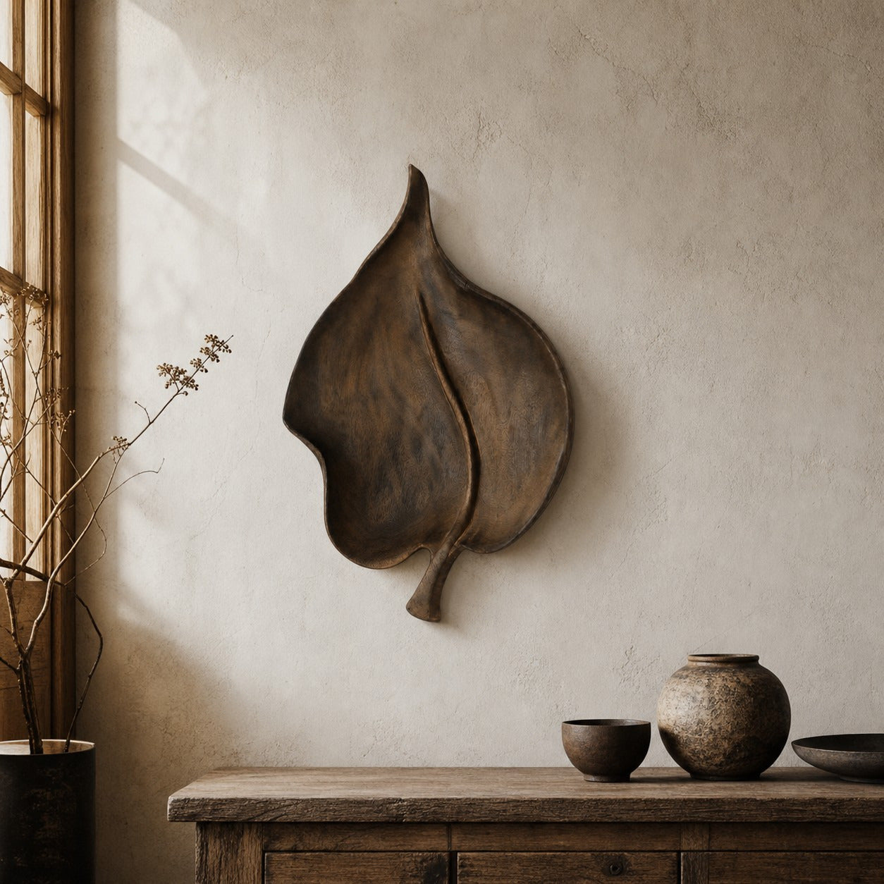 Small leaf wall decor above a rustic wood console