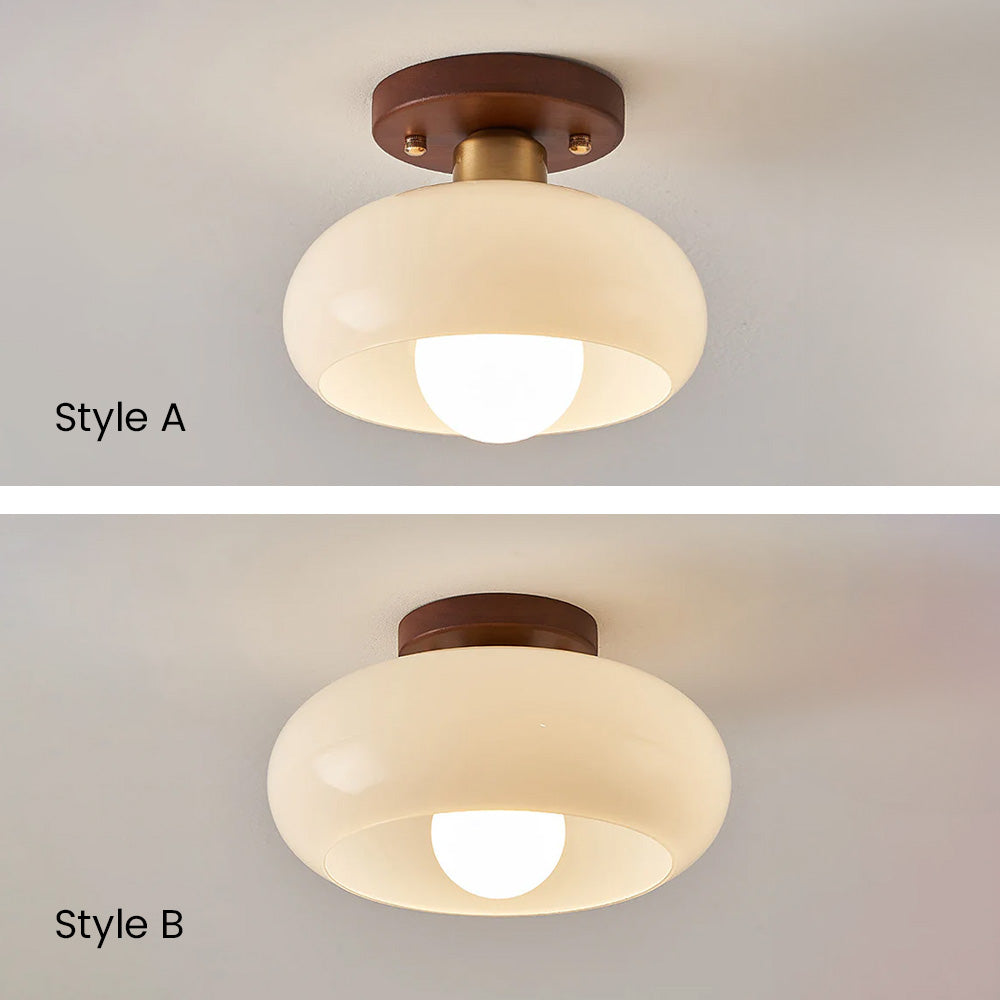 Cream Glass Ceiling Light - Vintage Bauhaus Walnut Lamp for Hallway