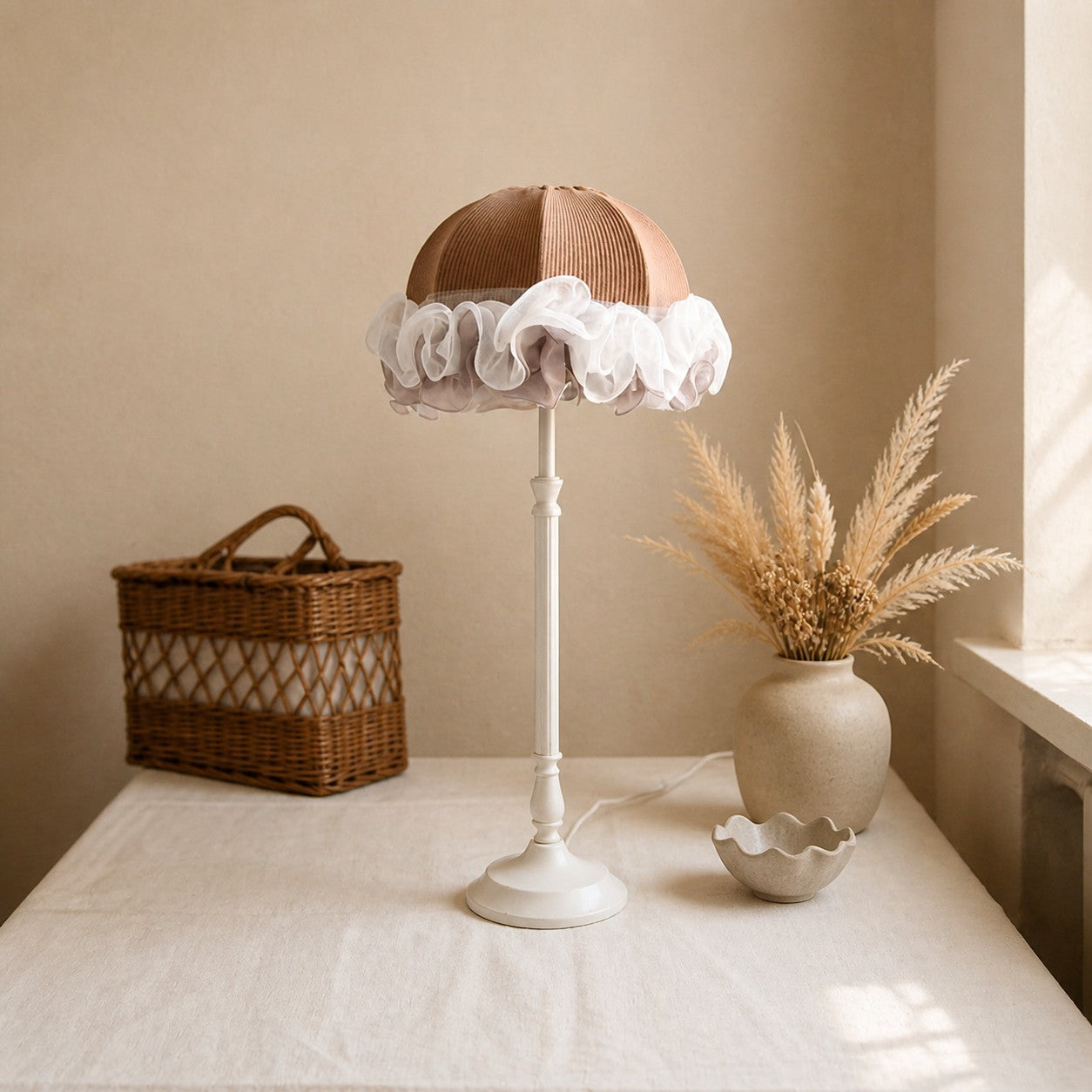 Brown cloth table lamp in bright vintage tabletop corner