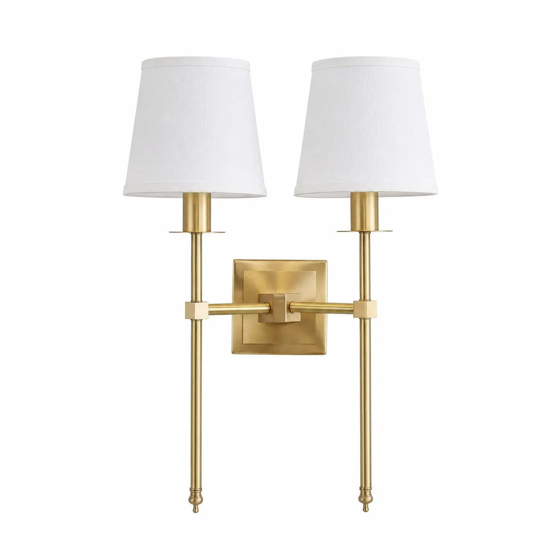 Double Head brass wall sconce with white fabric shades