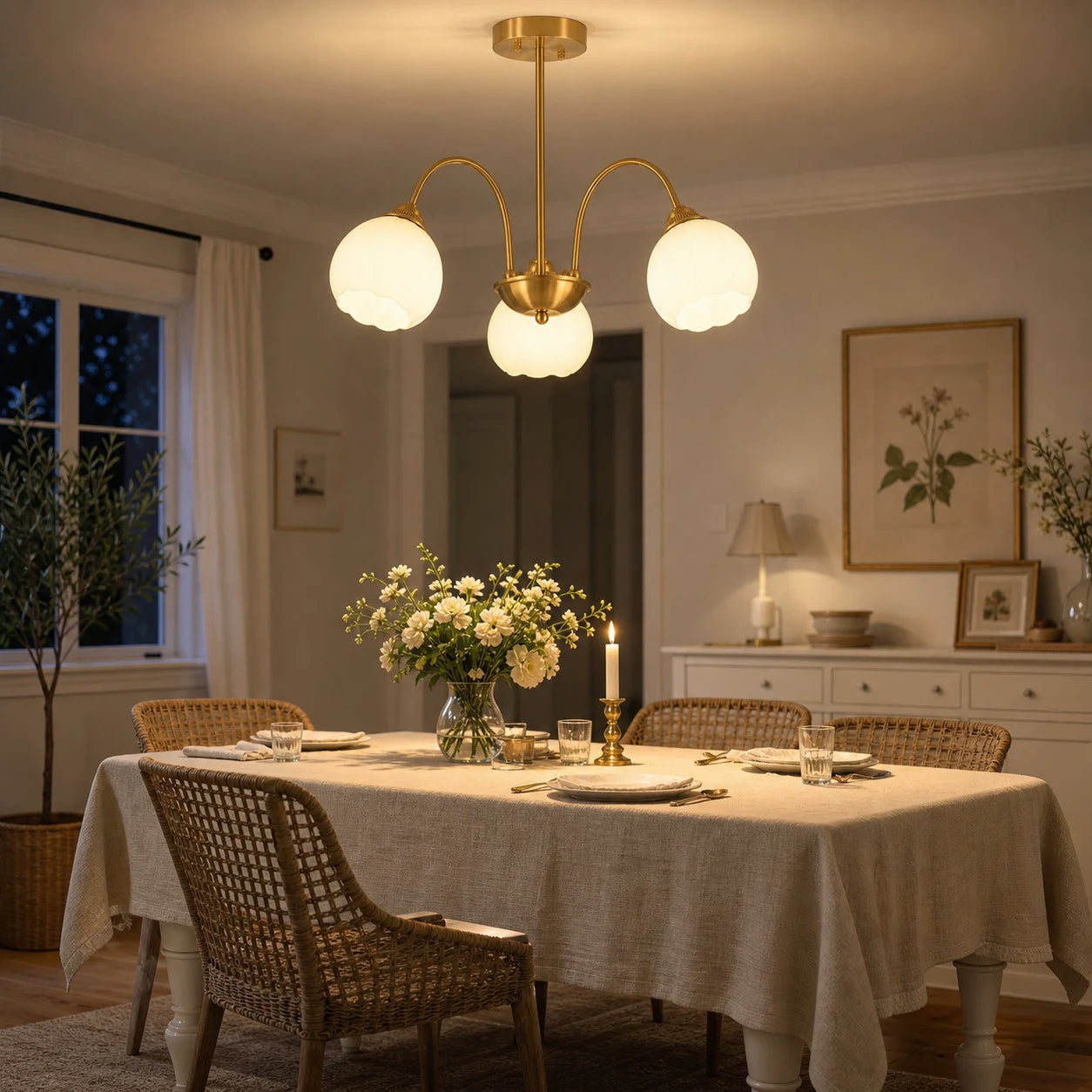 Three-arm chandelier in a dining room