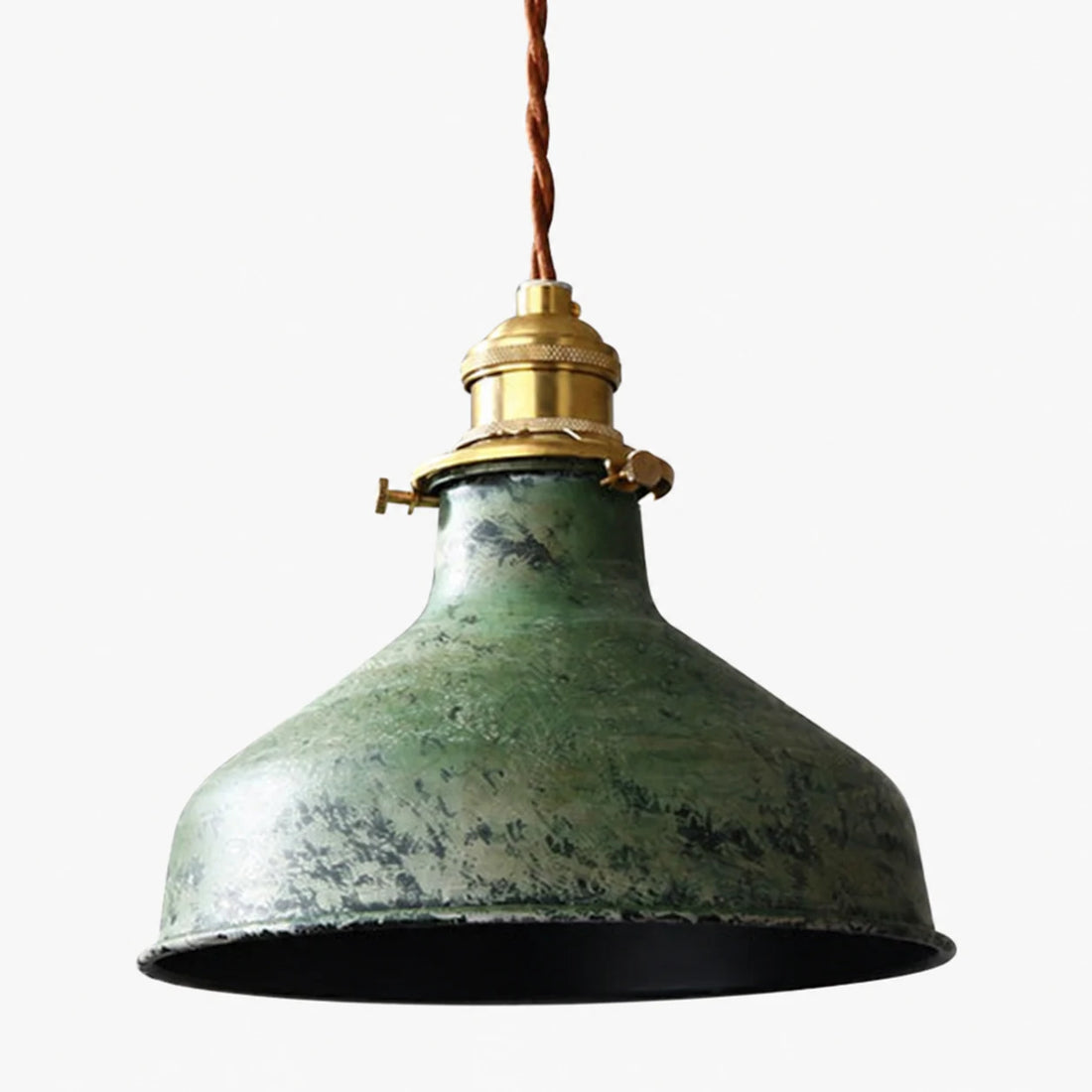 Distressed green dome pendant lamp on white background