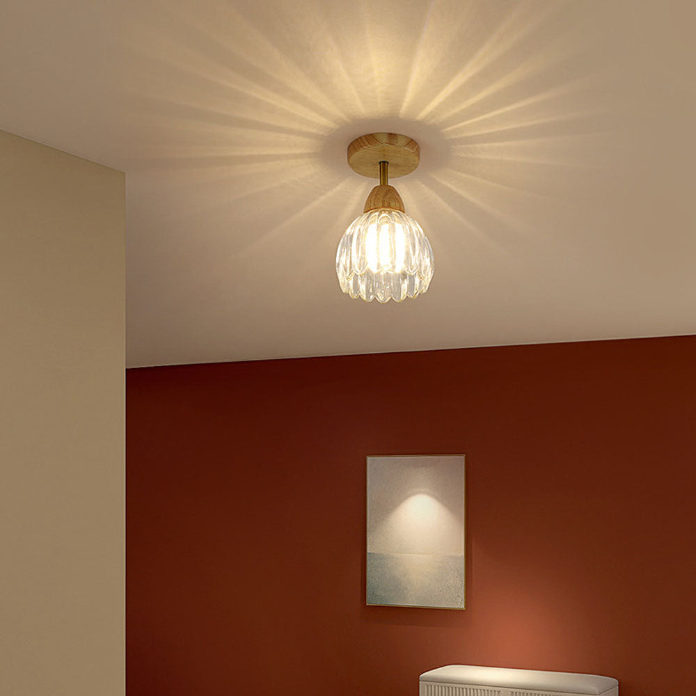 Clear Glass Ceiling Light - Minimalist Flower Wood Fixture for Hallway