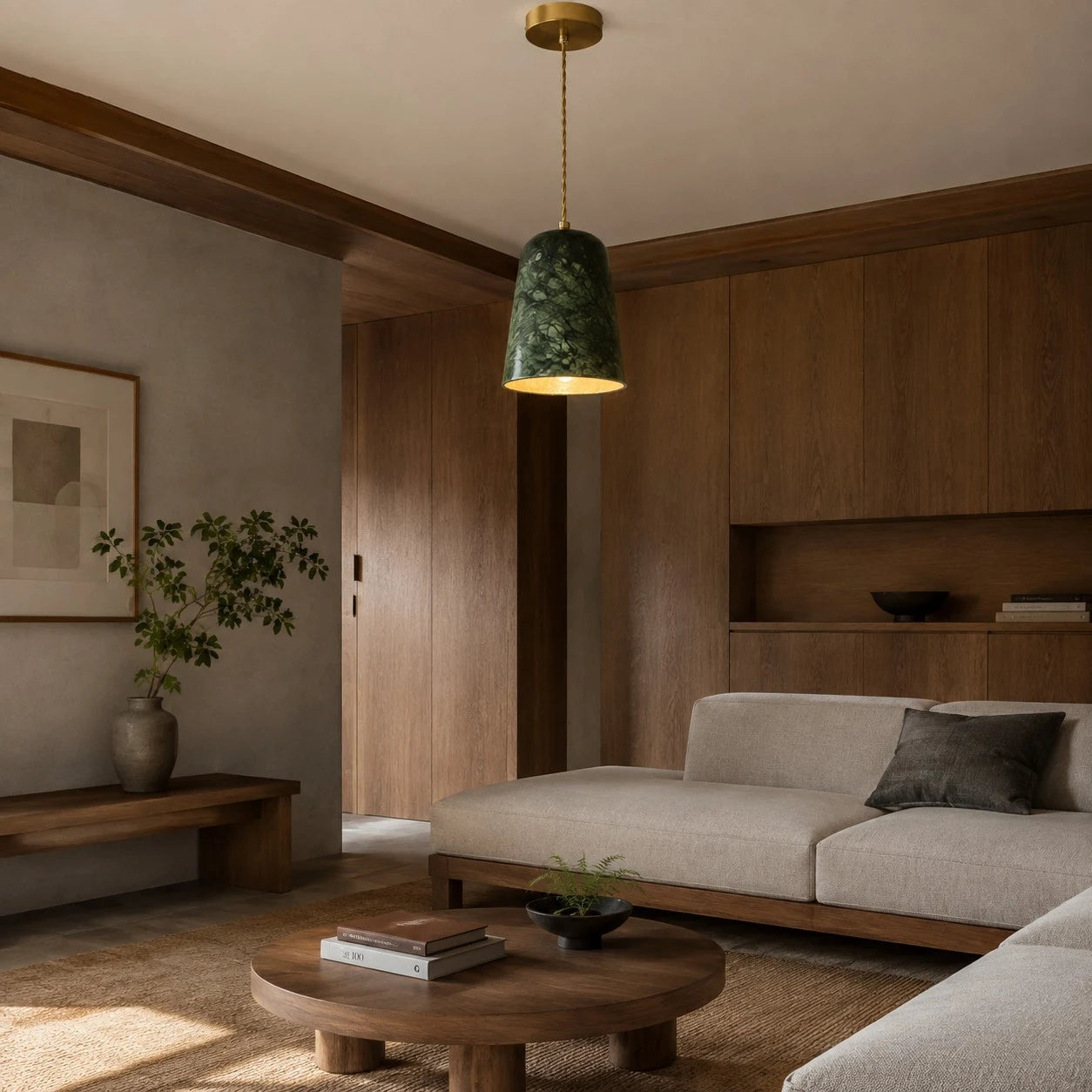 Pendant light in a warm bedside interior