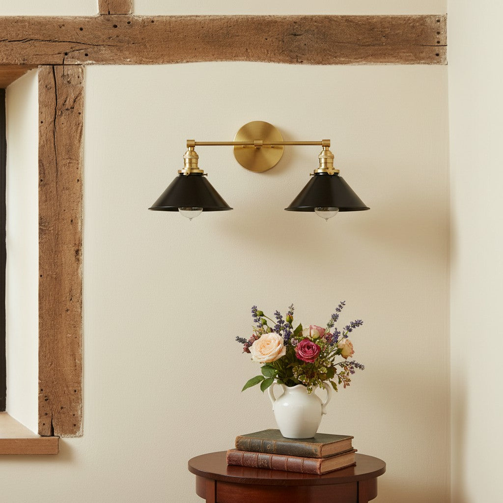 Conique Metal Dual Black Sconce with Cone Shades - Industrial Vanity Wall Light for Mirror