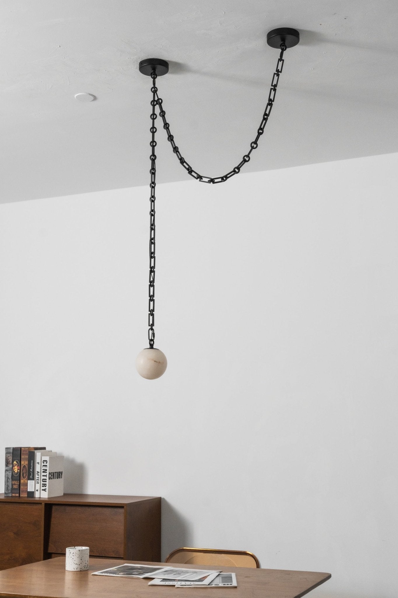 Black Metal Alabaster Globe Hardwired Chandelier